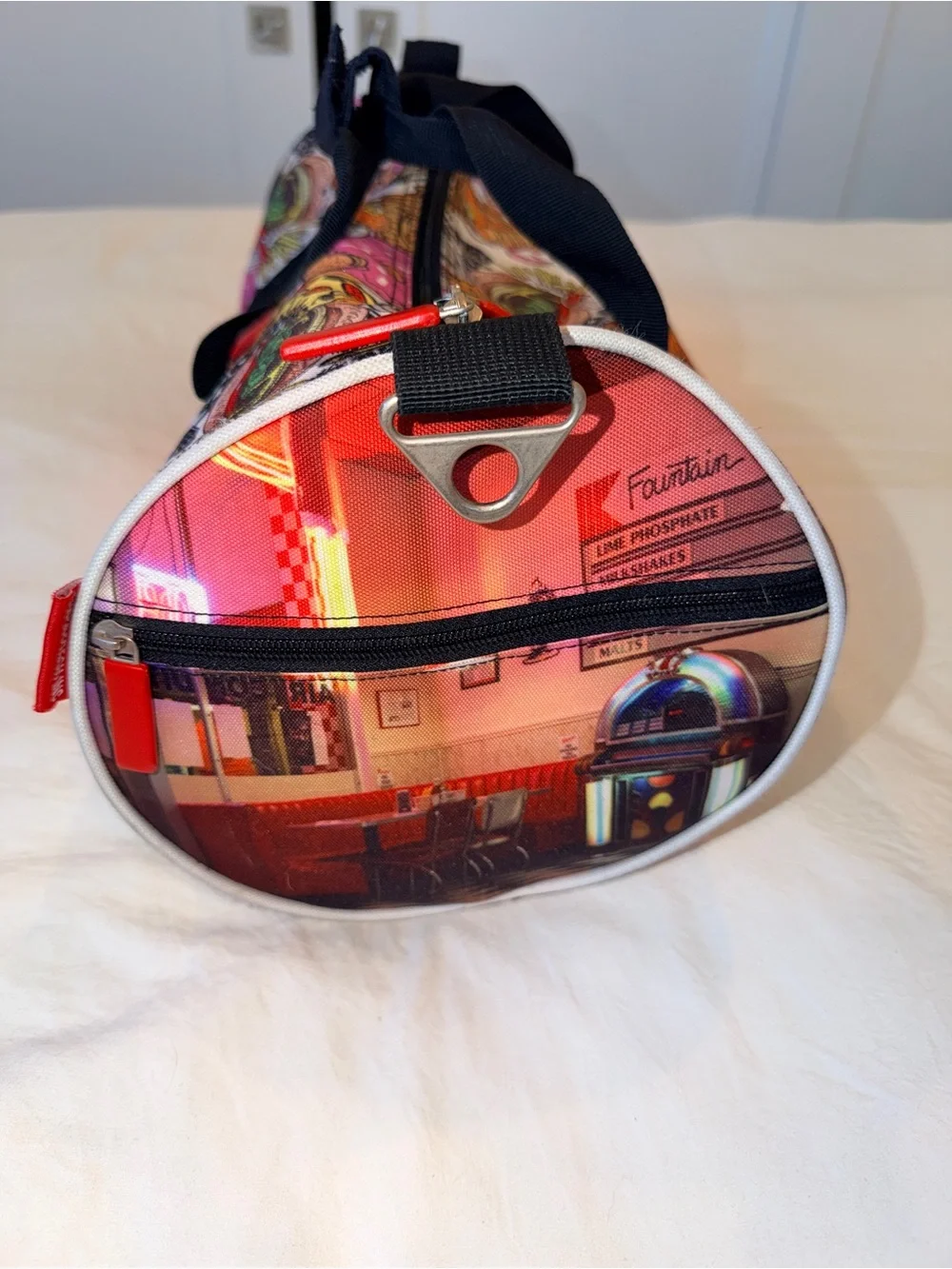 Food-Print Duffel Bag in Pink, White & Multicolor - Fashion Travel Tote